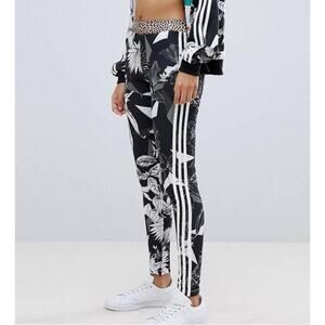 adidas x FARM Black White Floral Leopard Yoga Leggings Elastic Pull On Sz S NEW
